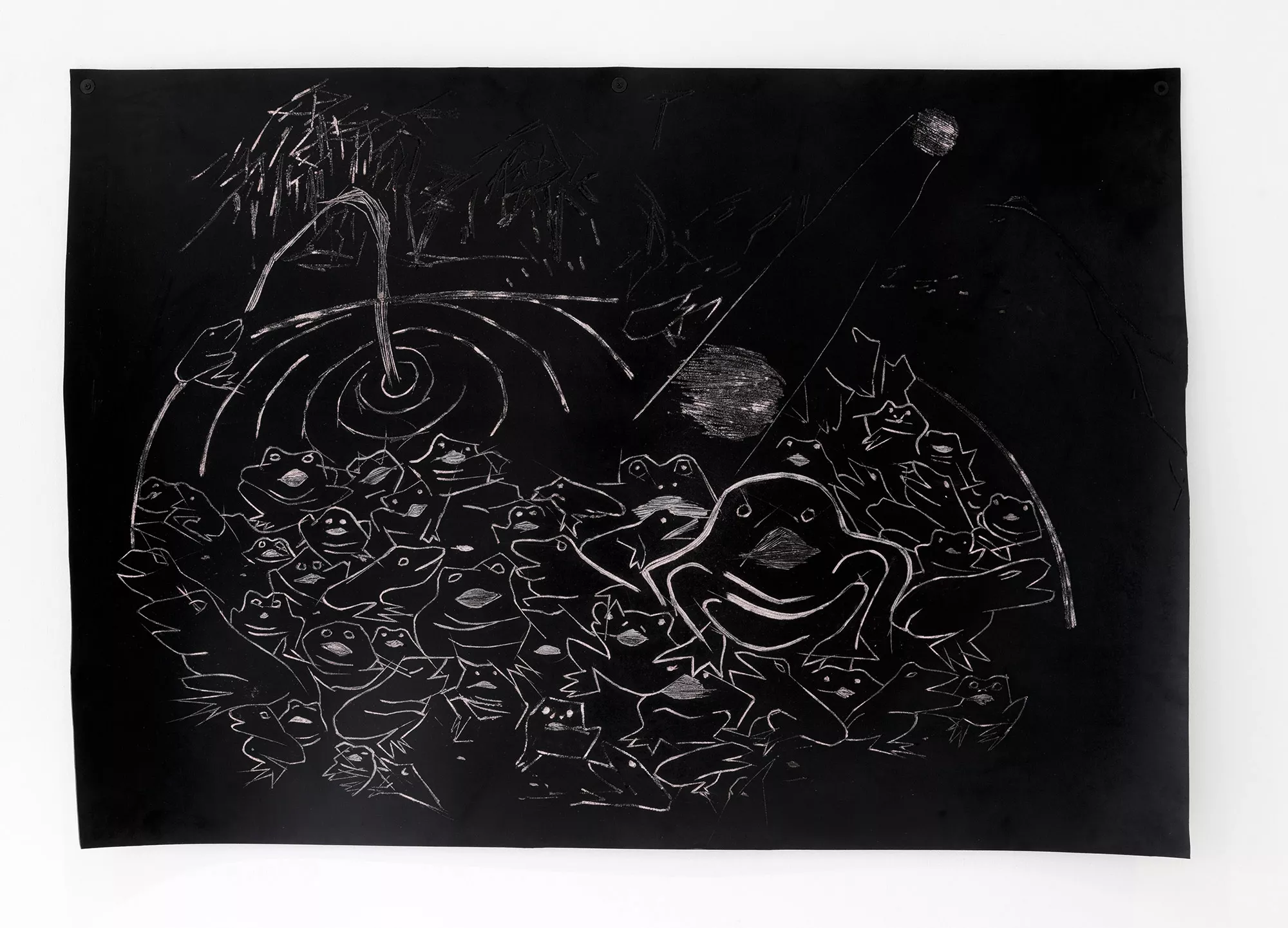 Gaia Fugazza - Growing Gills - Gaia Fugazza - Growing Gills - Lake of Singing Frogs, 2016, carved rubber and chalk, 150 × 100 cm