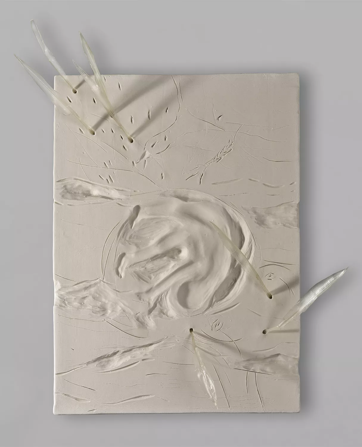 Gaia Fugazza - Sete  - Gaia Fugazza - Sete  - Custode cacciata [Hunted carer], 2024  Porcelain and squid bones, 33 × 24 cm