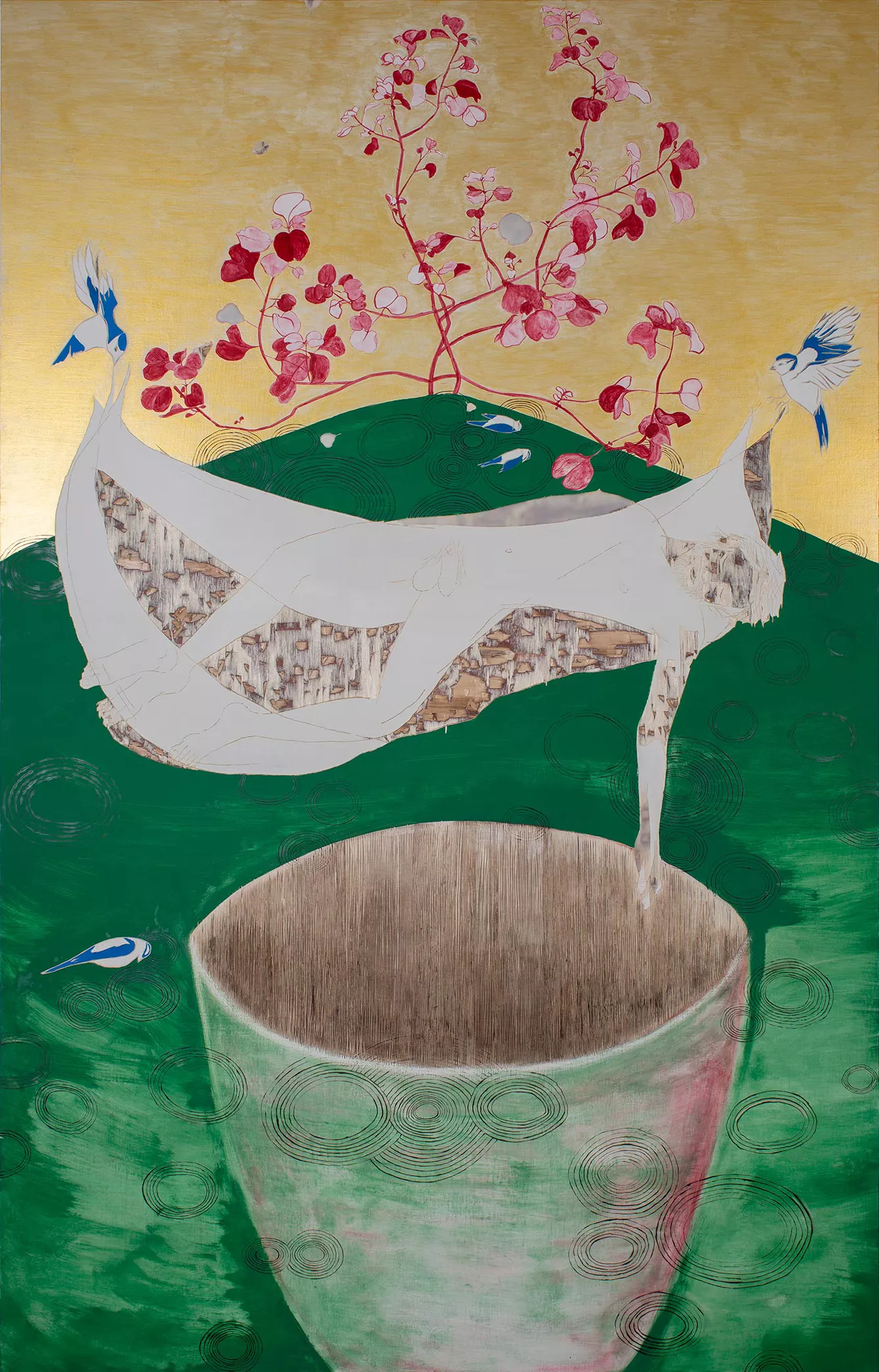 Gaia Fugazza - Hostages and Friends - Gaia Fugazza - Hostages and Friends - Blue Tits, 2020 Mineral pigments, beeswax, oil paint, watercolour on carved wood, 180 × 115 cm