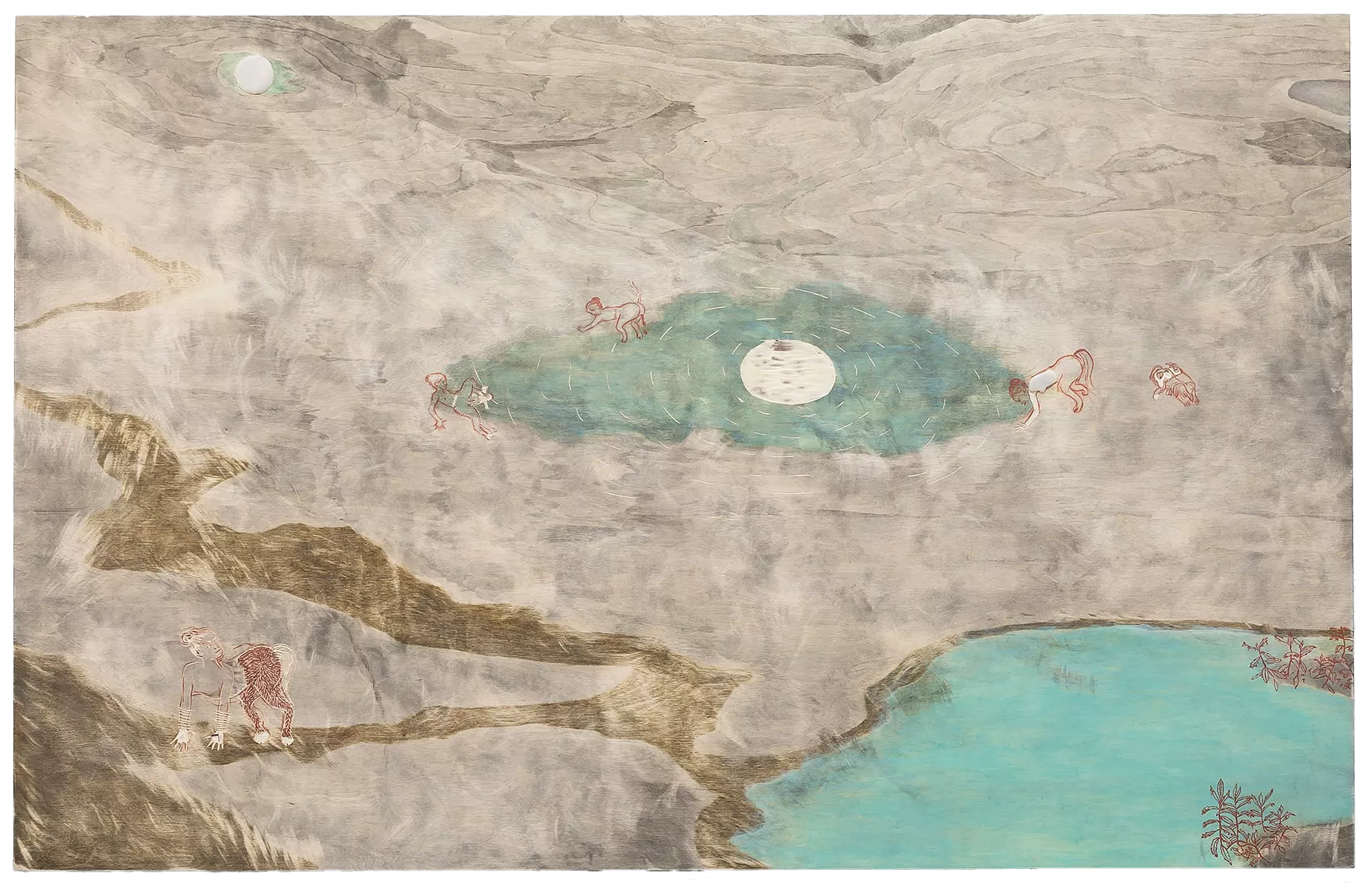 Gaia Fugazza - Hostages and Friends - Gaia Fugazza - Hostages and Friends - Quelli che si allontanano [Those who walk away], 2019   Birch plywood, china ink, graphite, mineral pigments, wax, 180 × 115 cm