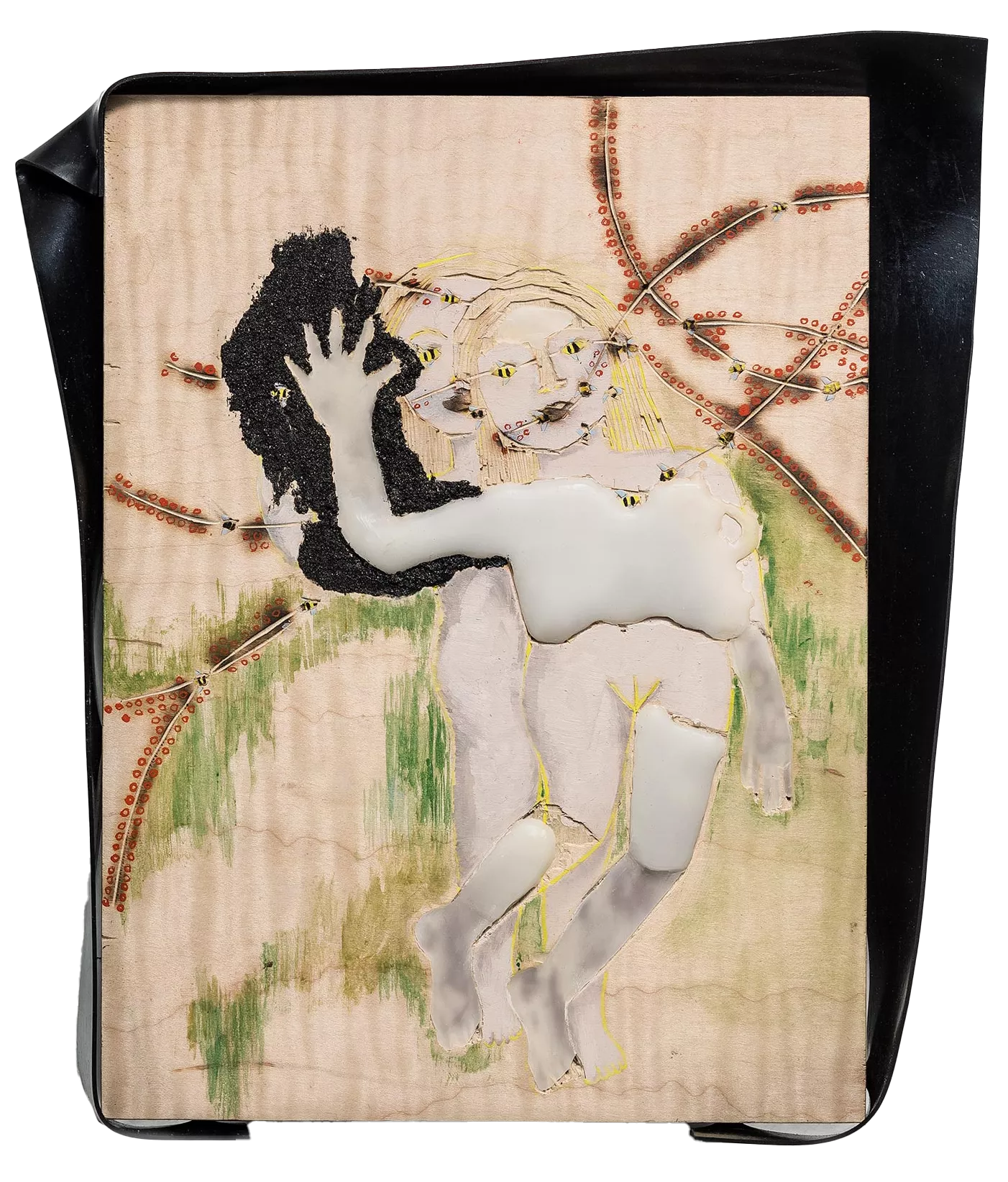 Gaia Fugazza - Hostages and Friends - Gaia Fugazza - Hostages and Friends - Bye Bees, 2019, quilted maple plywood, shellac inks, beeswax, mineral pigments, rubber, 25 × 32 cm