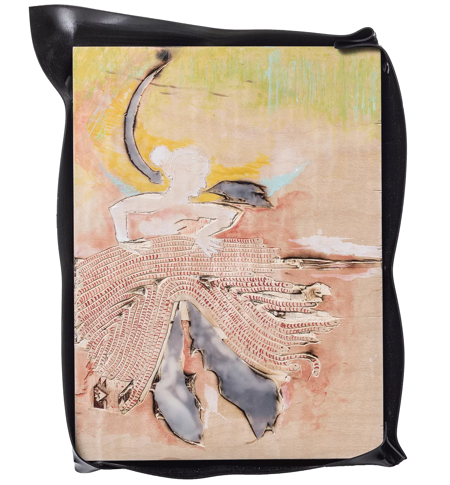 Gaia Fugazza - Hostages and Friends - Gaia Fugazza - Hostages and Friends - Natural Response, 2019, quilted maple plywood, beeswax, mineral pigments, rubber, 25 × 32 cm